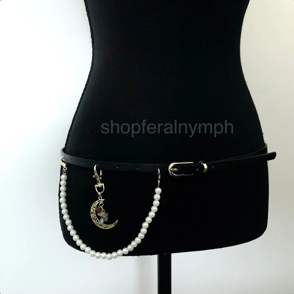 Y2K Celestial Black Faux Leather Pearl Moon Belt, Fits 33–35 Inches, X7GA1232